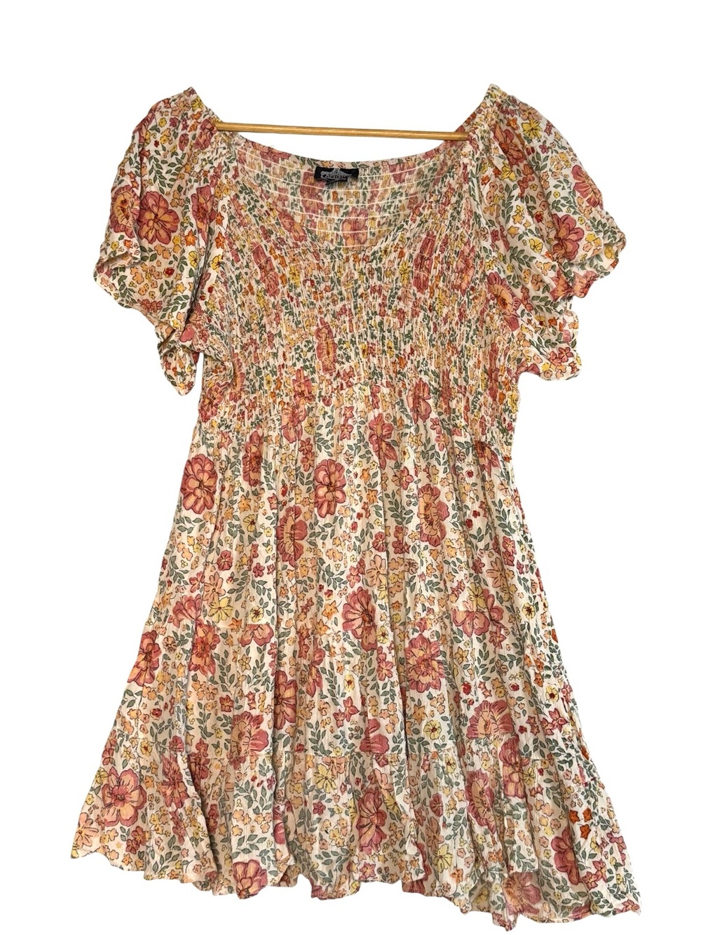 ANGIE Floral Smocked Short Sleeve Dress Rust Pink 2X